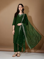 Hand Embroidered Kurta With Pant & Dupatta Premium Luxury, Green - Hiral Fashion | Grocsy