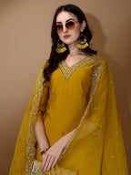 Hand Embroidered Kurta With Pant & Dupatta Premium Luxury, Mustard - Hiral Fashion | Grocsy