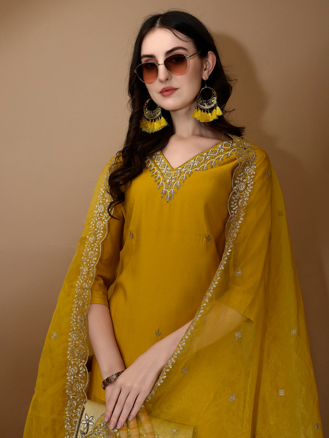 Hand Embroidered Kurta With Pant & Dupatta Premium Luxury, Mustard - Hiral Fashion | Grocsy