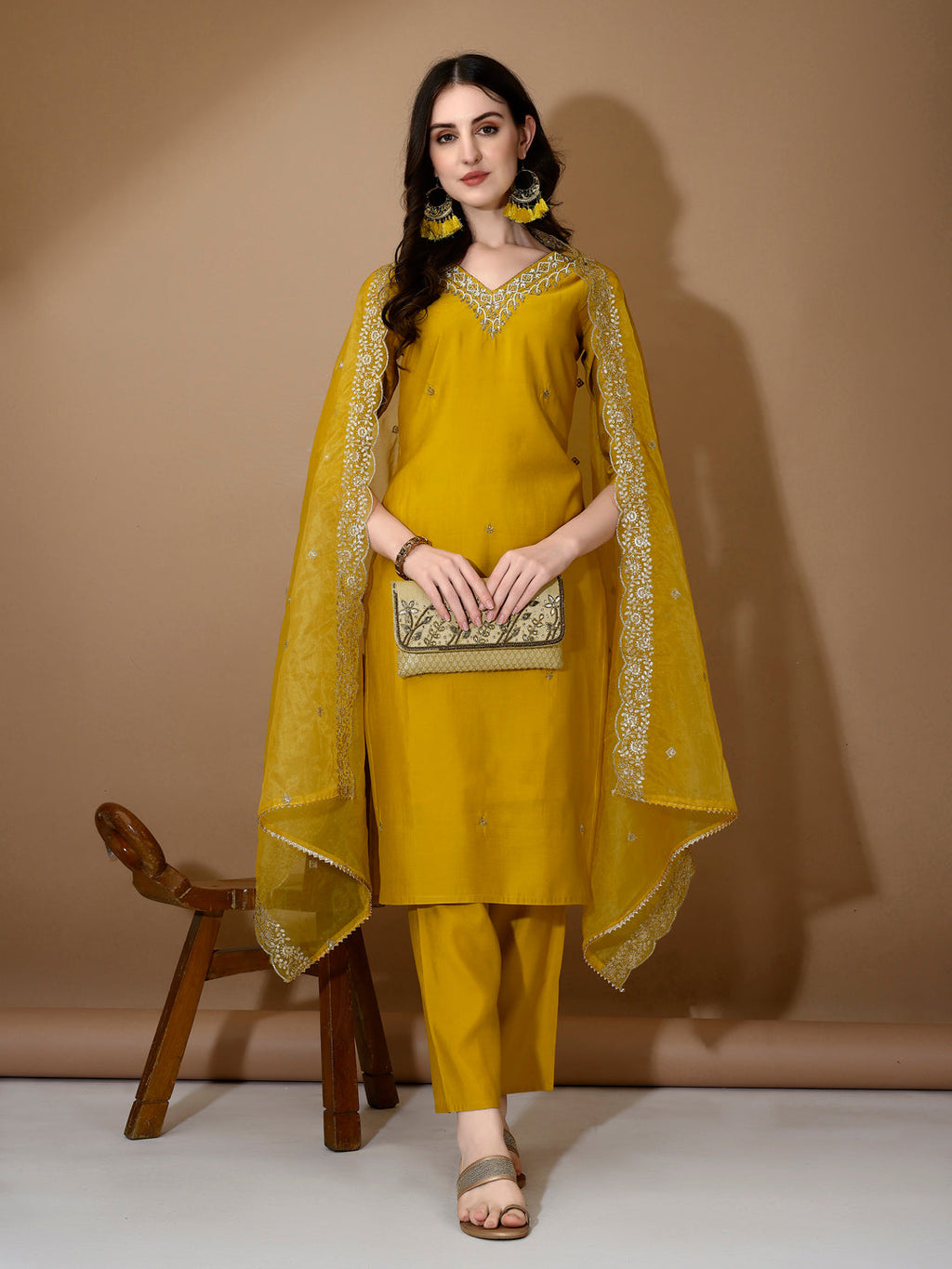Hand Embroidered Kurta With Pant & Dupatta Premium Luxury, Mustard - Hiral Fashion | Grocsy