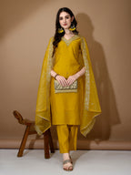 Hand Embroidered Kurta With Pant & Dupatta Premium Luxury, Mustard - Hiral Fashion | Grocsy