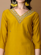 Hand Embroidered Kurta With Pant & Dupatta Premium Luxury, Mustard - Hiral Fashion | Grocsy