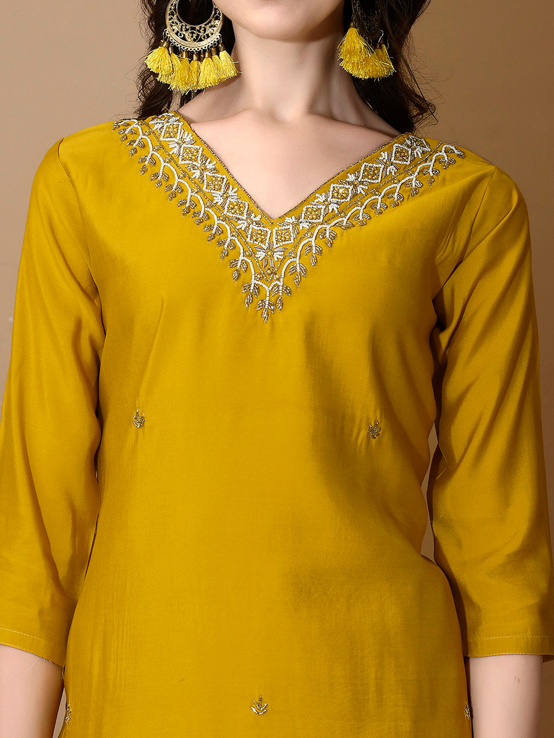 Hand Embroidered Kurta With Pant & Dupatta Premium Luxury, Mustard - Hiral Fashion | Grocsy