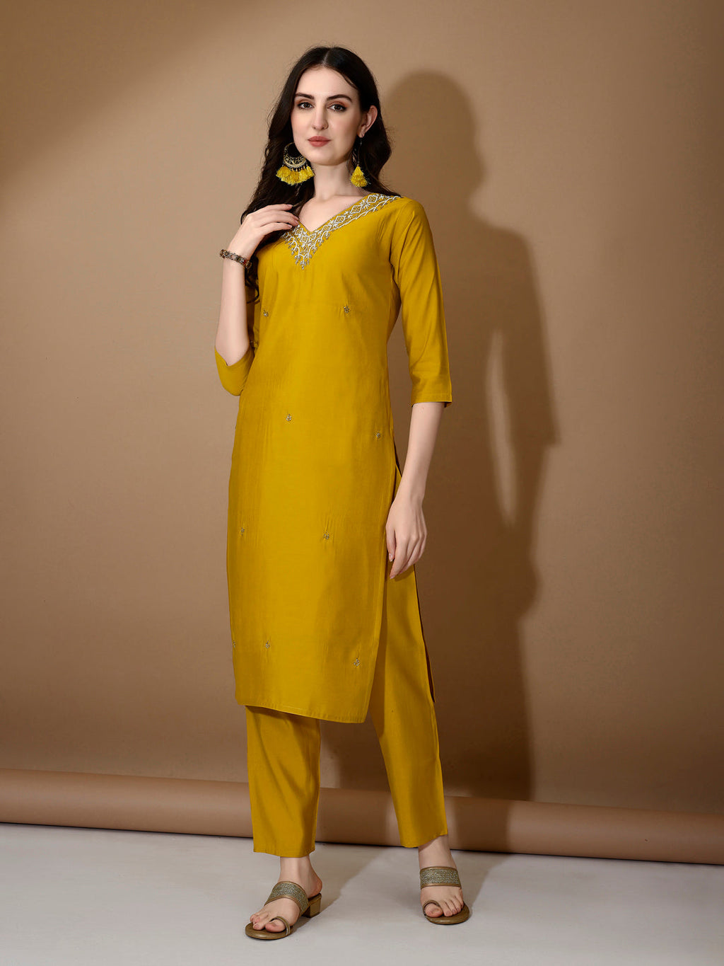 Hand Embroidered Kurta With Pant & Dupatta Premium Luxury, Mustard - Hiral Fashion | Grocsy