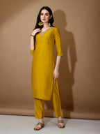 Hand Embroidered Kurta With Pant & Dupatta Premium Luxury, Mustard - Hiral Fashion | Grocsy