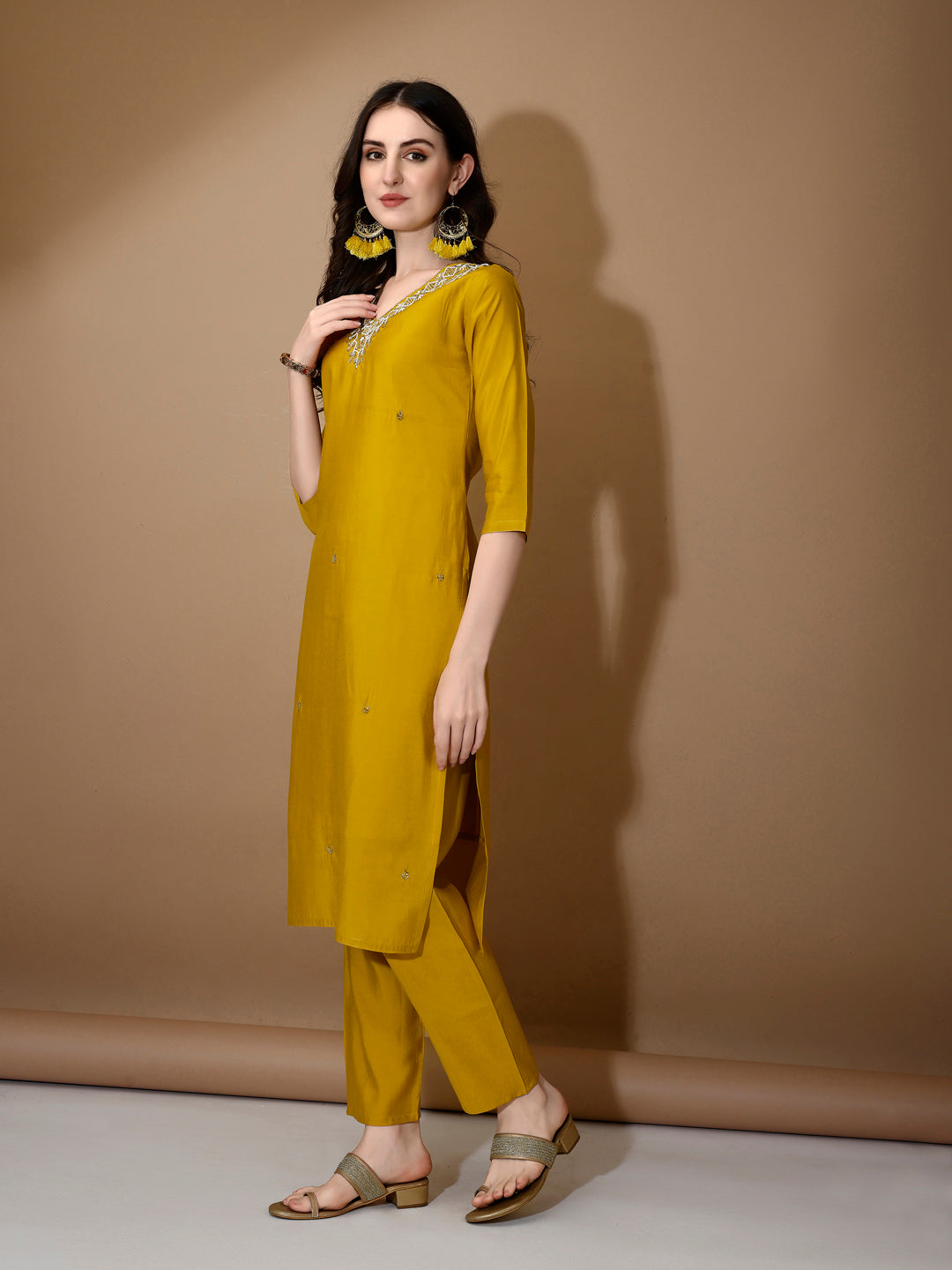 Hand Embroidered Kurta With Pant & Dupatta Premium Luxury, Mustard - Hiral Fashion | Grocsy