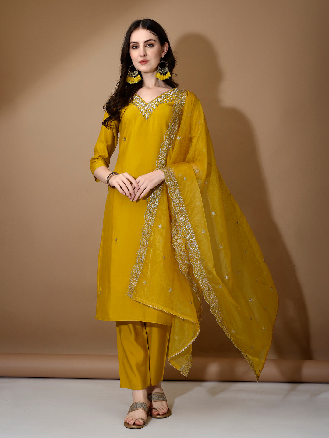 Hand Embroidered Kurta With Pant & Dupatta Premium Luxury, Mustard - Hiral Fashion | Grocsy