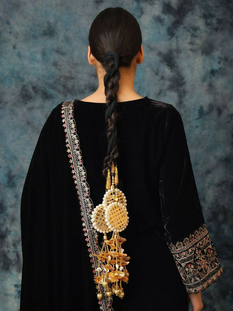 Ruby Raang Gold Gota Pati Work And Threads With Pearls And Black Thread And Mirrors | Grocsy