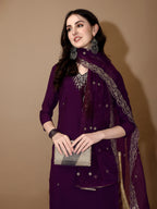 Hand Embroidered Kurta With Pant & Dupatta Premium Luxury, Purple - Hiral Fashion | Grocsy
