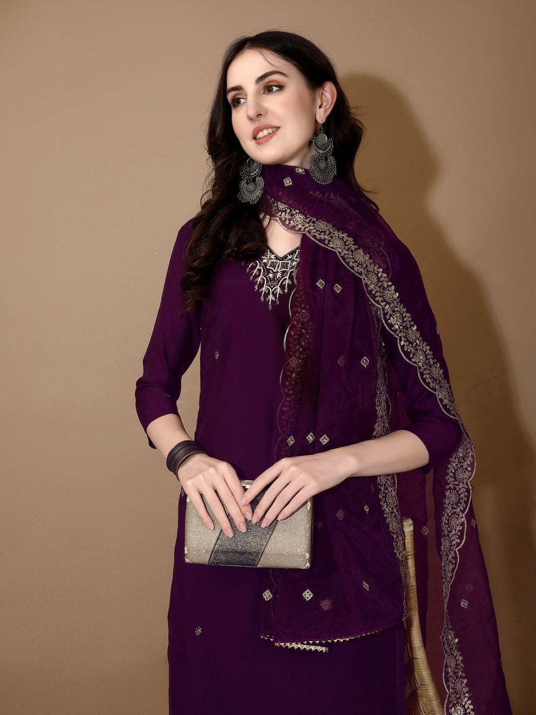 Hand Embroidered Kurta With Pant & Dupatta Premium Luxury, Purple - Hiral Fashion | Grocsy