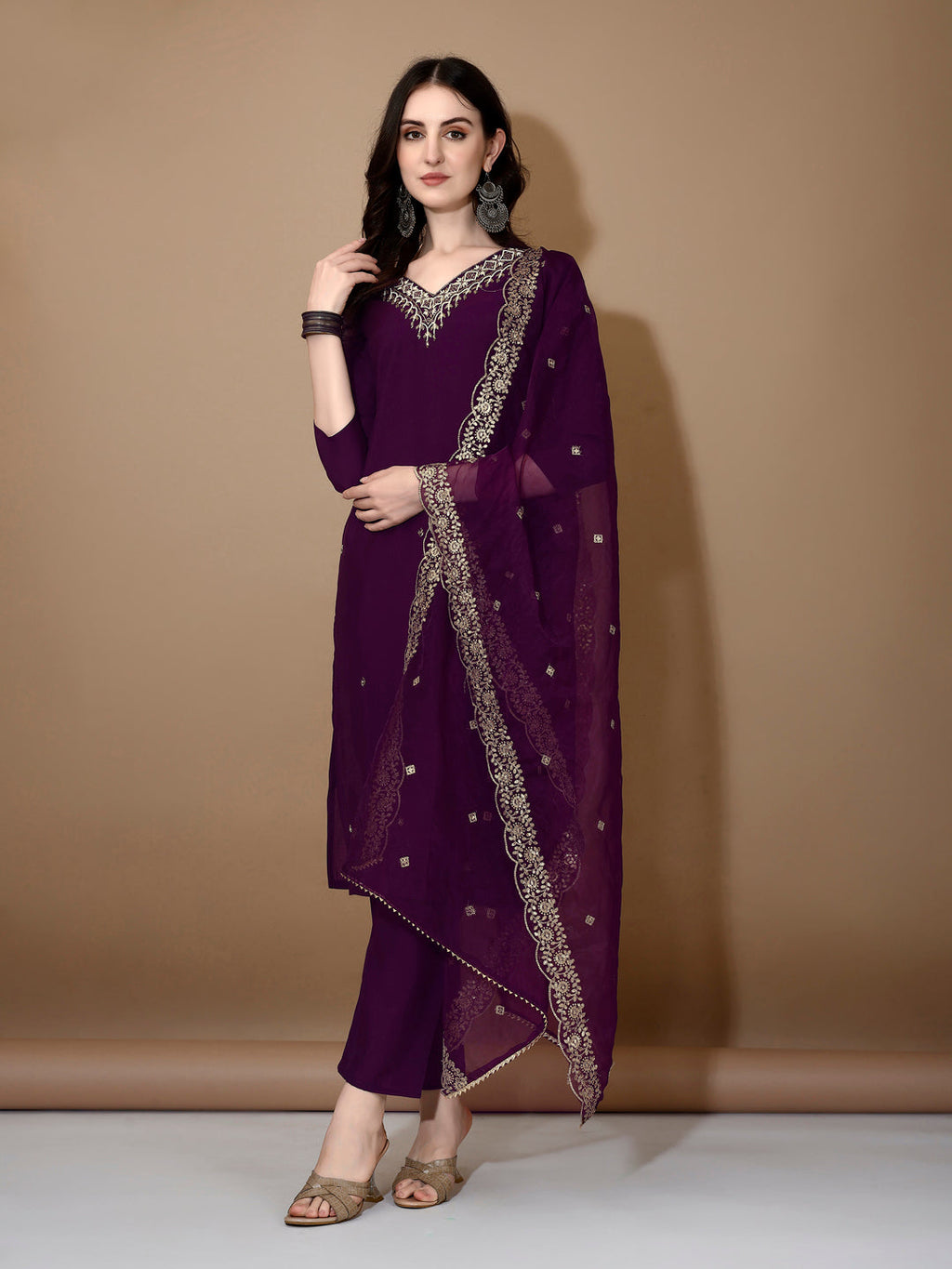 Hand Embroidered Kurta With Pant & Dupatta Premium Luxury, Purple - Hiral Fashion | Grocsy