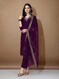 Hand Embroidered Kurta With Pant & Dupatta Premium Luxury, Purple - Hiral Fashion | Grocsy