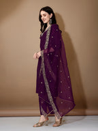 Hand Embroidered Kurta With Pant & Dupatta Premium Luxury, Purple - Hiral Fashion | Grocsy