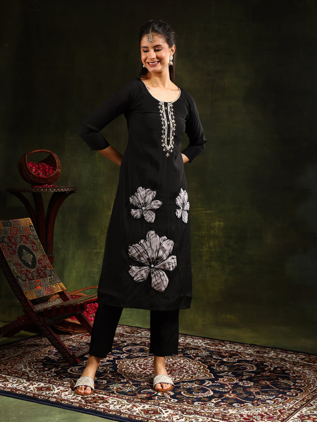 Hand Embroidered Kurta With Pant & Printed Dupatta, Black - Hiral Fashion | Grocsy