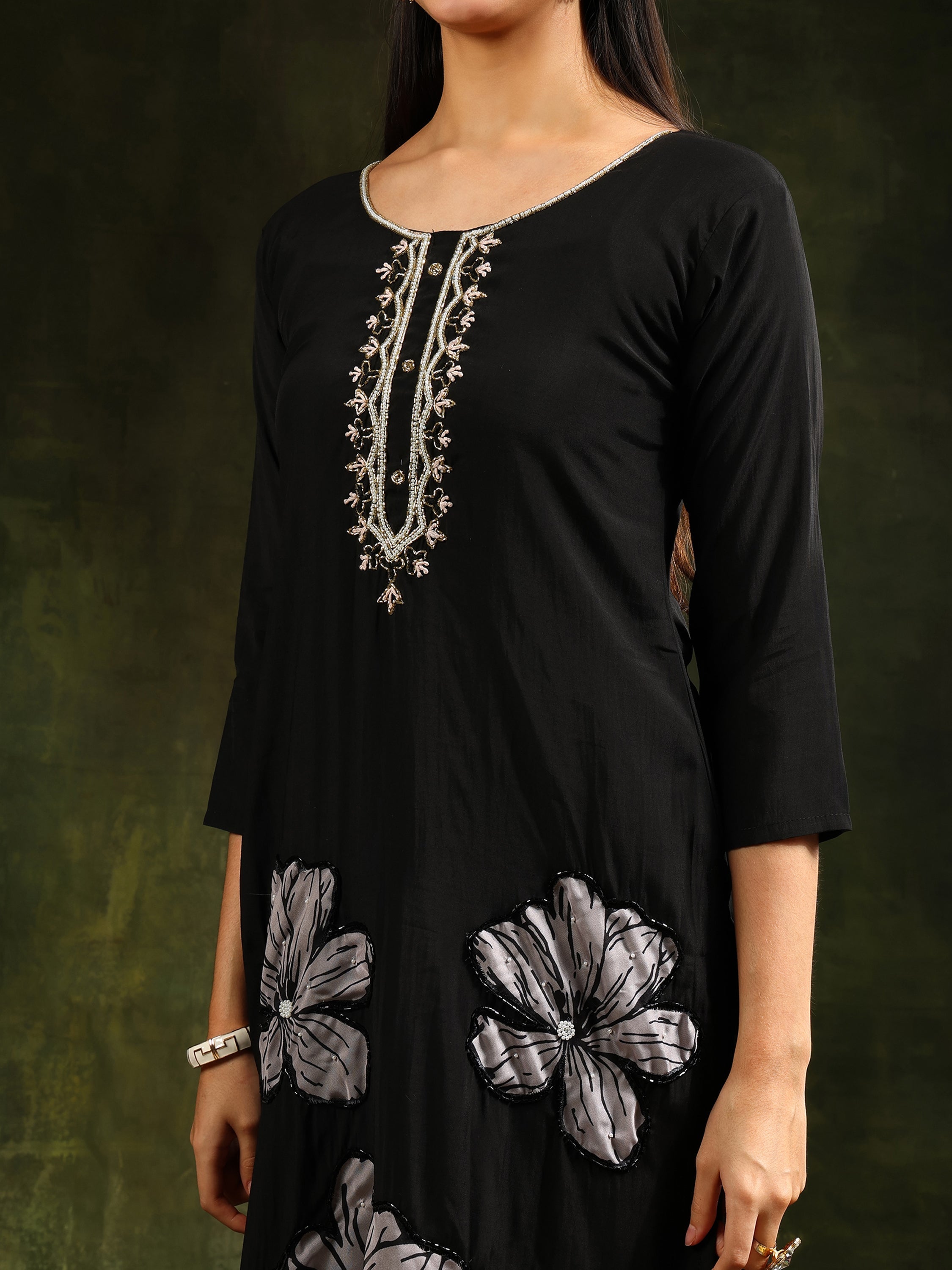 Hand Embroidered Kurta With Pant & Printed Dupatta, Black - Hiral Fashion | Grocsy