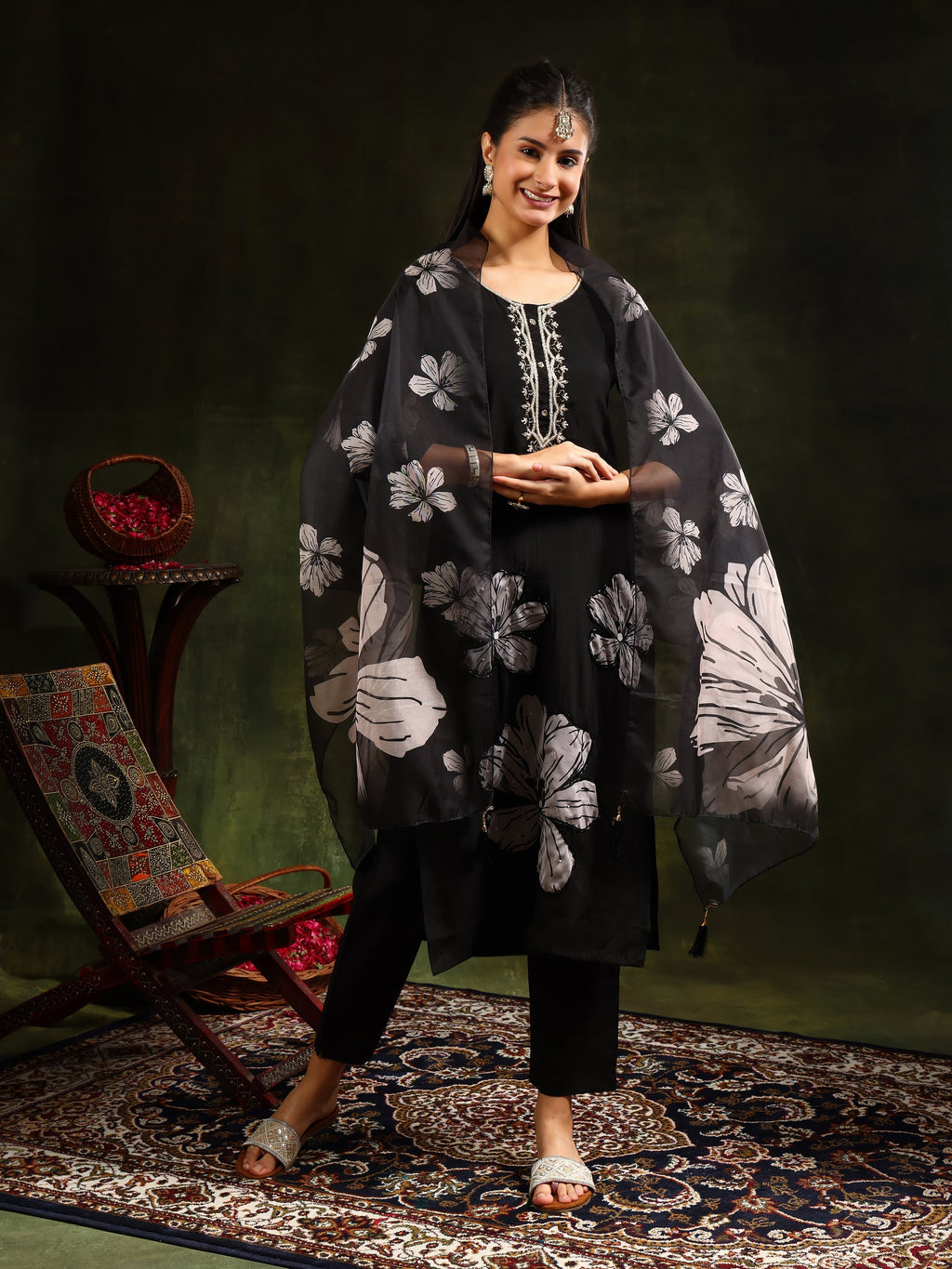 Hand Embroidered Kurta With Pant & Printed Dupatta, Black - Hiral Fashion | Grocsy