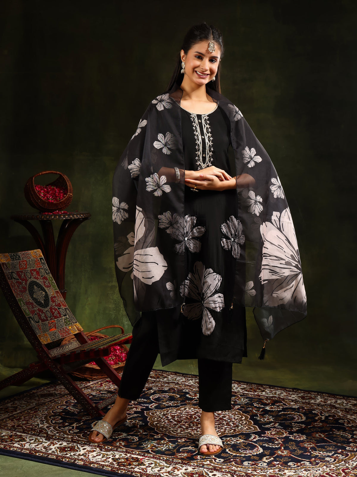 Hand Embroidered Kurta With Pant & Printed Dupatta, Black - Hiral Fashion | Grocsy