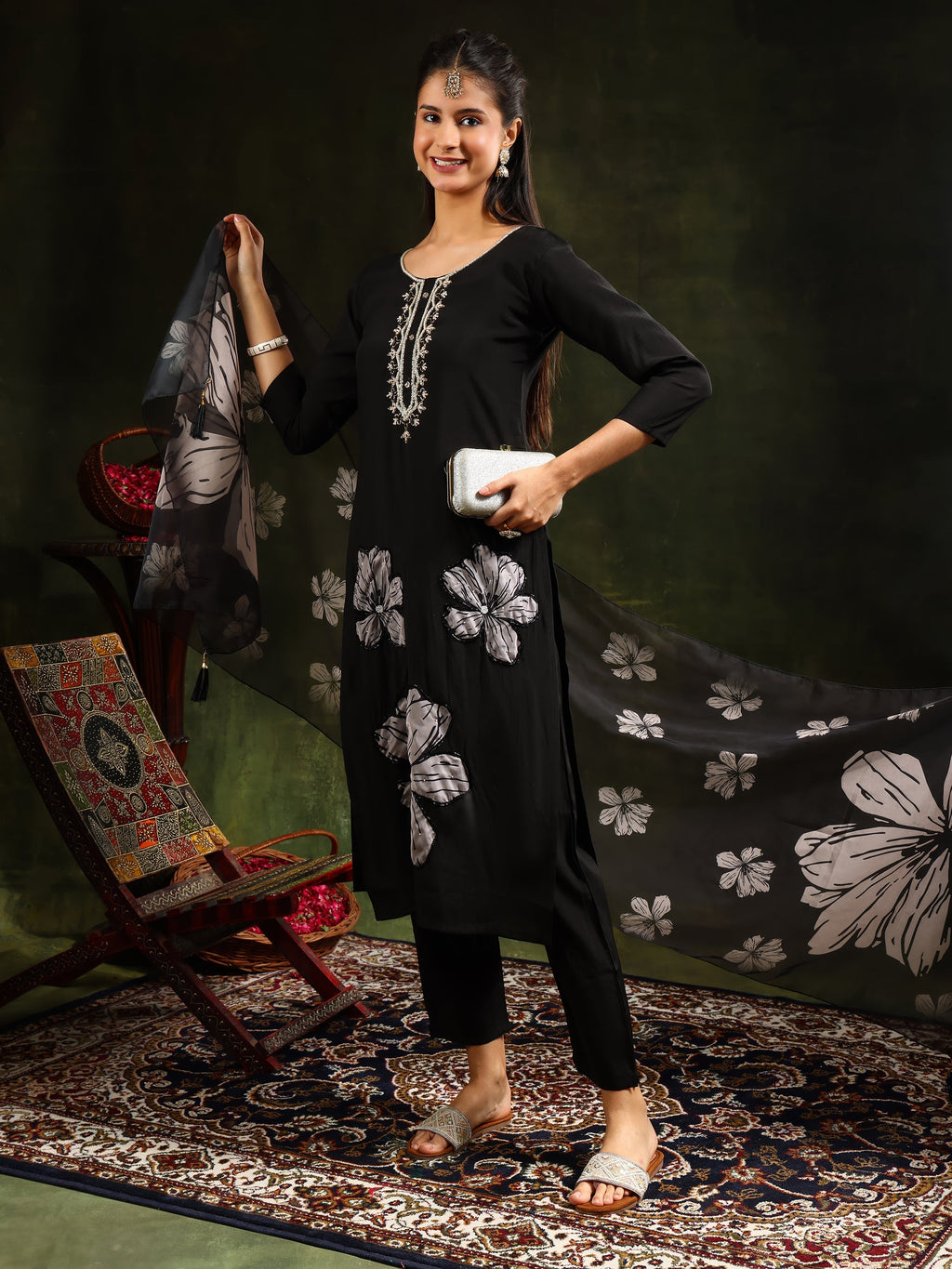 Hand Embroidered Kurta With Pant & Printed Dupatta, Black - Hiral Fashion | Grocsy