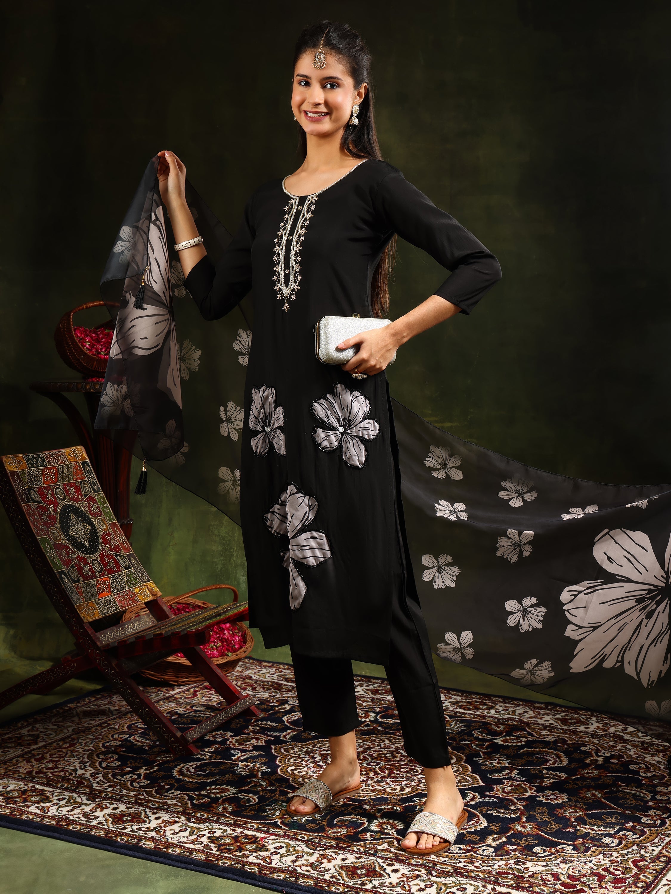 Hand Embroidered Kurta With Pant & Printed Dupatta, Black - Hiral Fashion | Grocsy