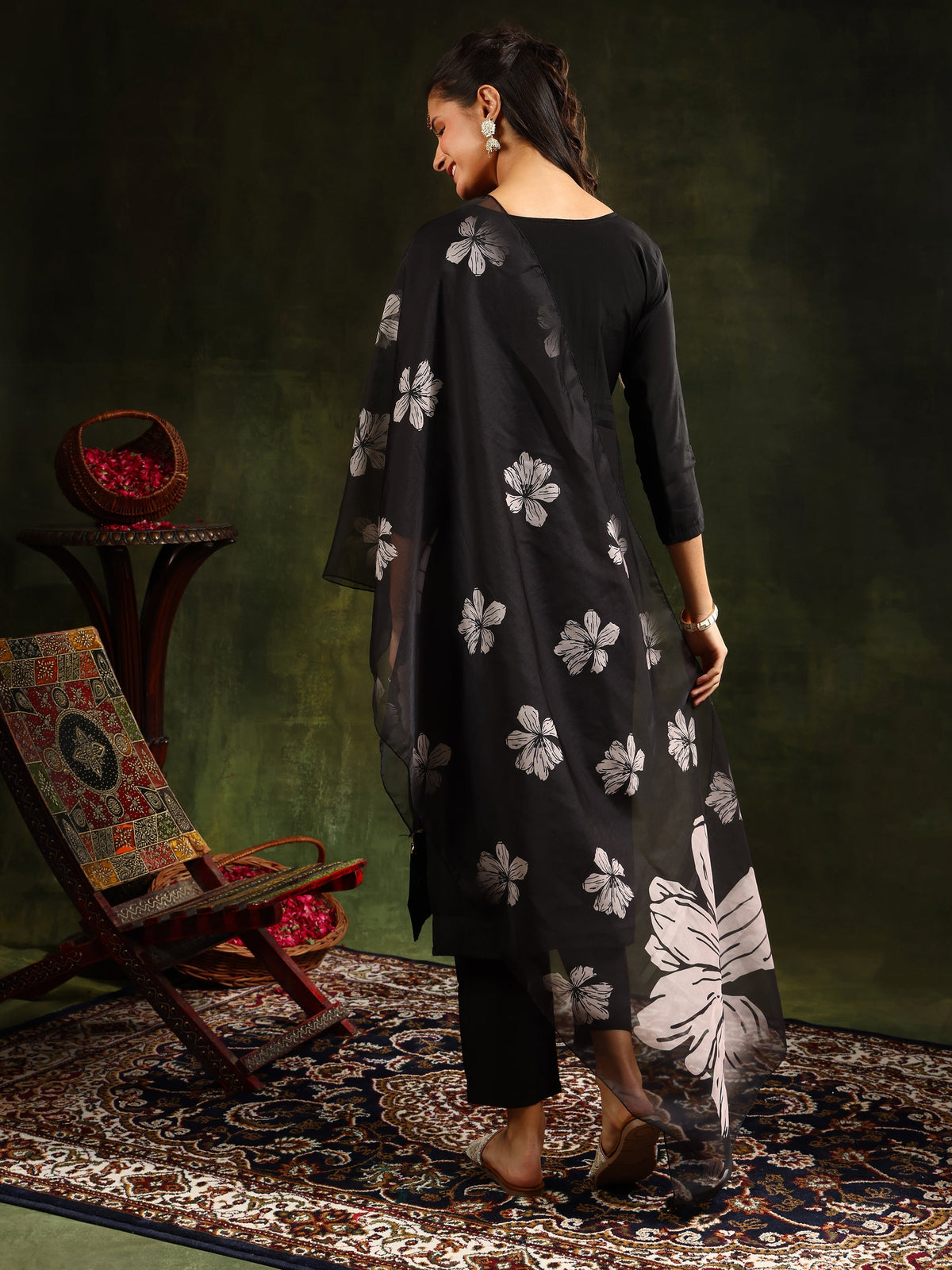 Hand Embroidered Kurta With Pant & Printed Dupatta, Black - Hiral Fashion | Grocsy