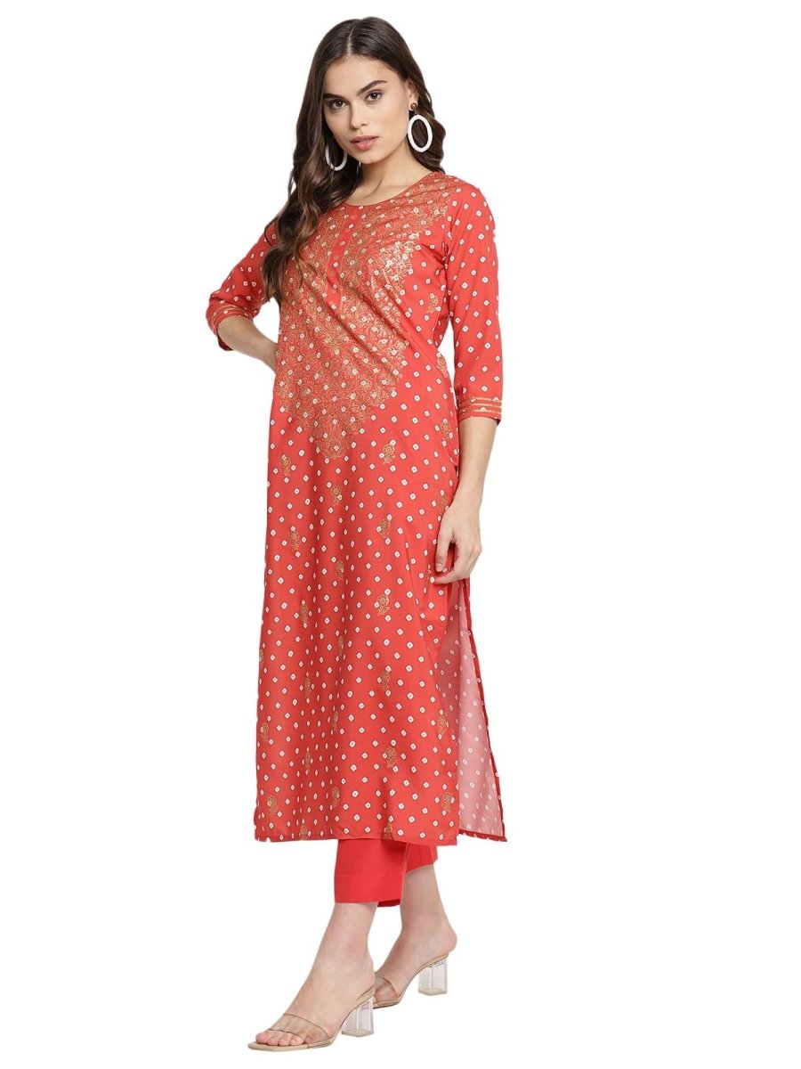 Ahalyaa Red Crepe Bandhani Gold Printed Kurta Pant With Dupatta | Grocsy
