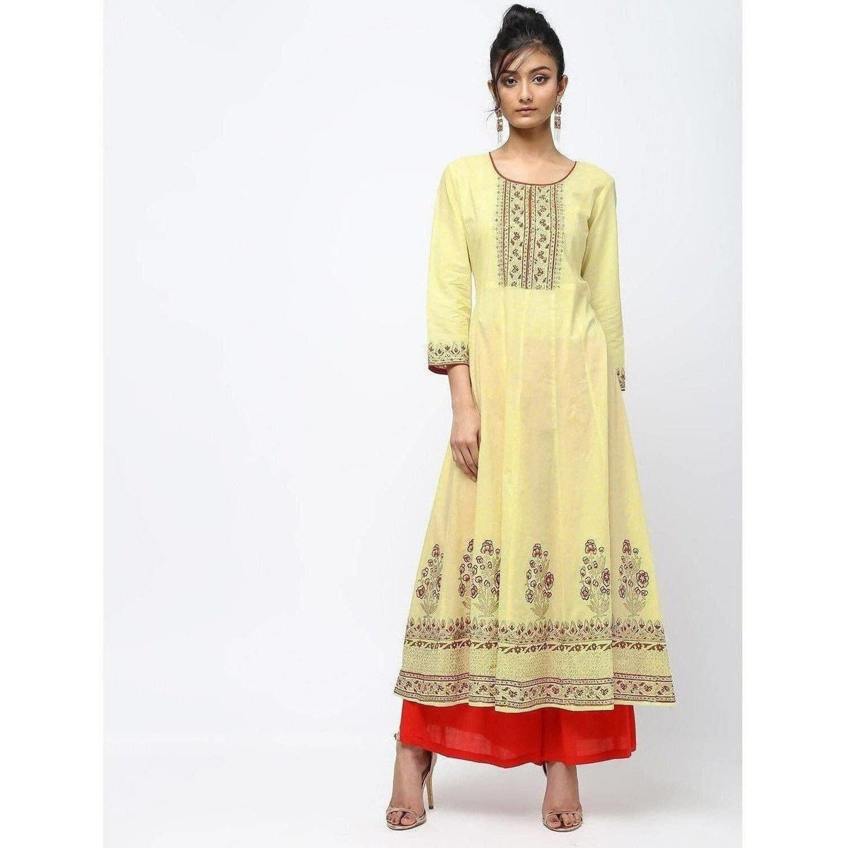 Cheera Lemon Yellow Kalidar Anarkali Foil Print Kurta | Grocsy