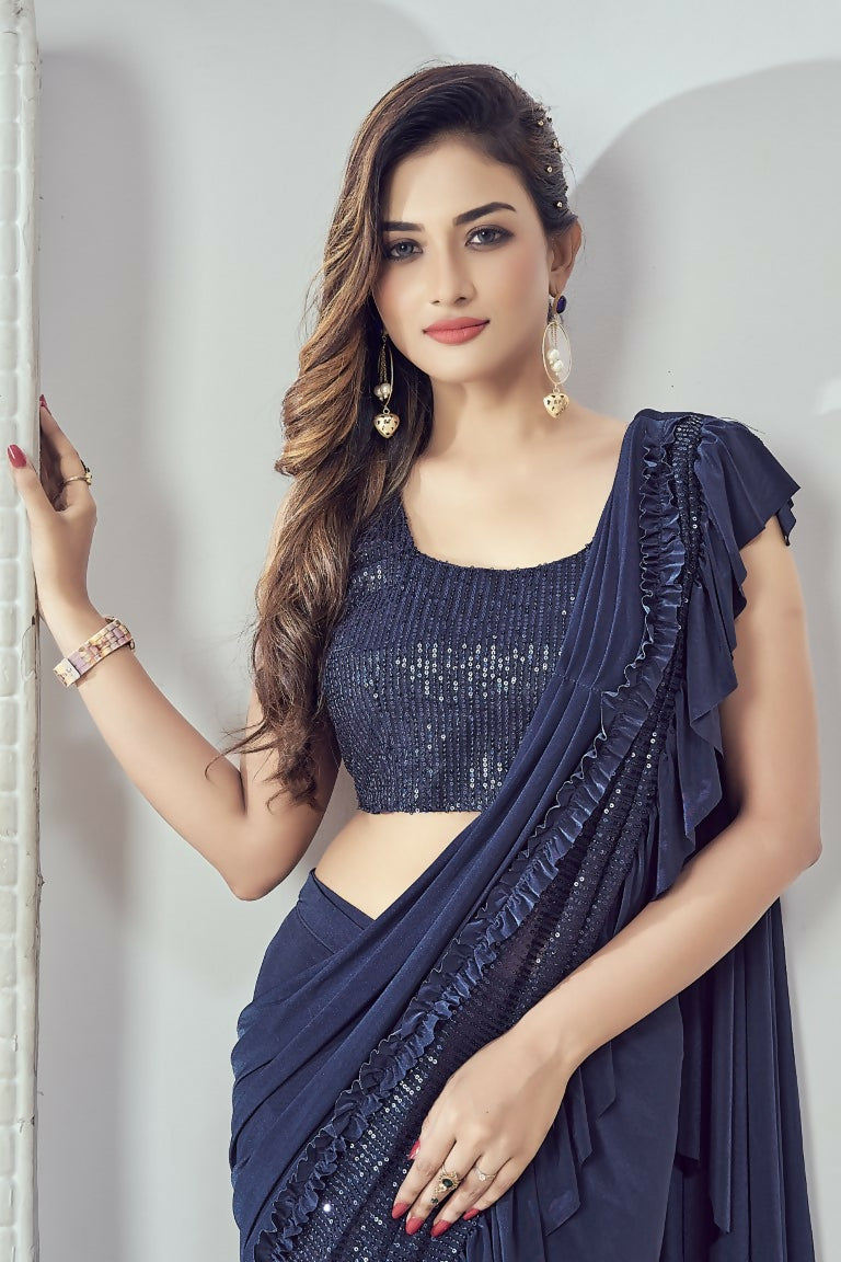 Mahotsav Women's Navy Blue Lycra Embellished Ready To Wear Saree With Stitched Blouse | Grocsy