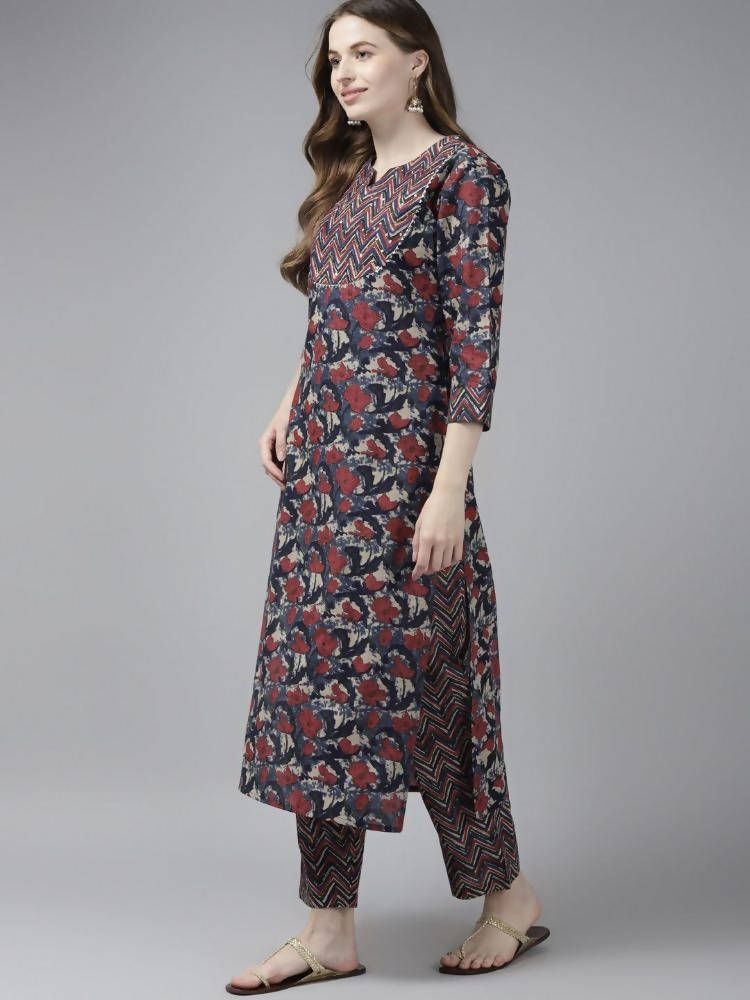 Yufta Women Navy Blue & Red Floral Printed Pure Cotton Kurta with Trouser and Dupatta | Grocsy