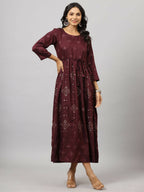 Juniper Women's Mauve Festive Printed Flared Dress | Grocsy