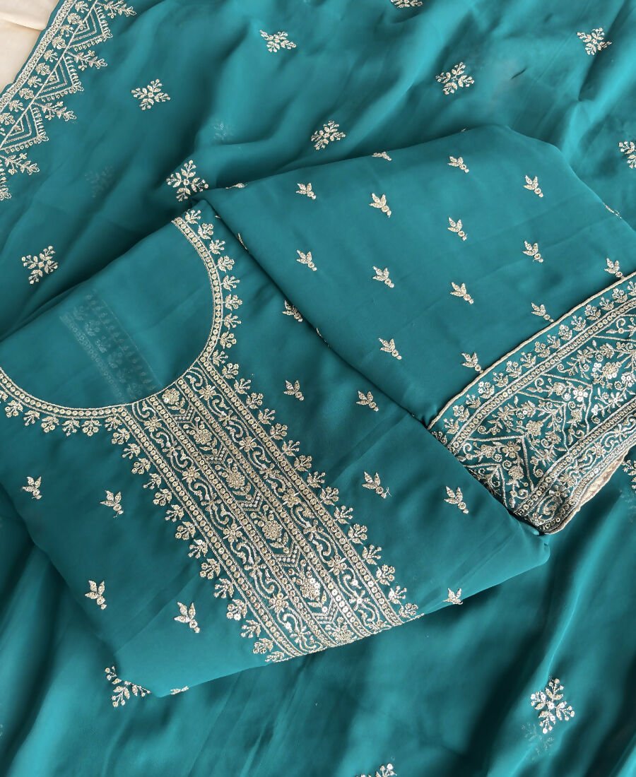 KC Aqua Blue Georgette Straight Suit With Heavy Embroidery | Grocsy
