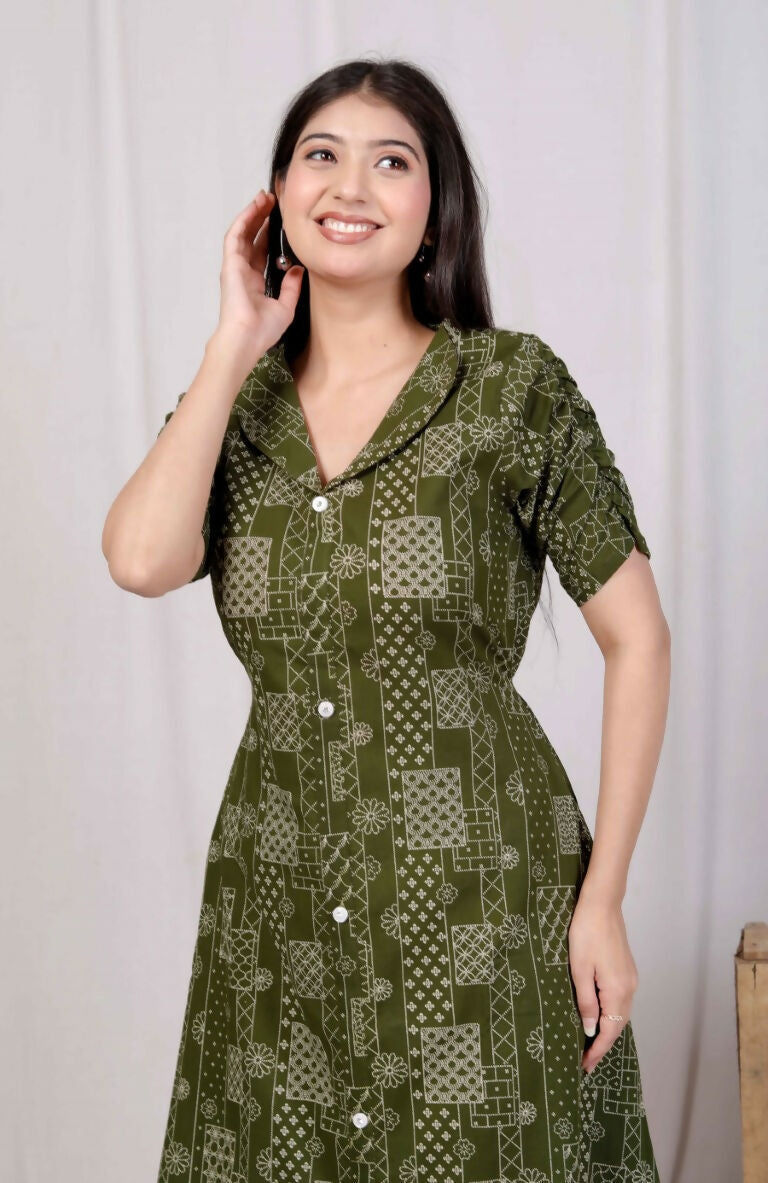 Miravan Women's Pure Cotton Floral Printed Green Button Down A-Line Midi Dress | Grocsy