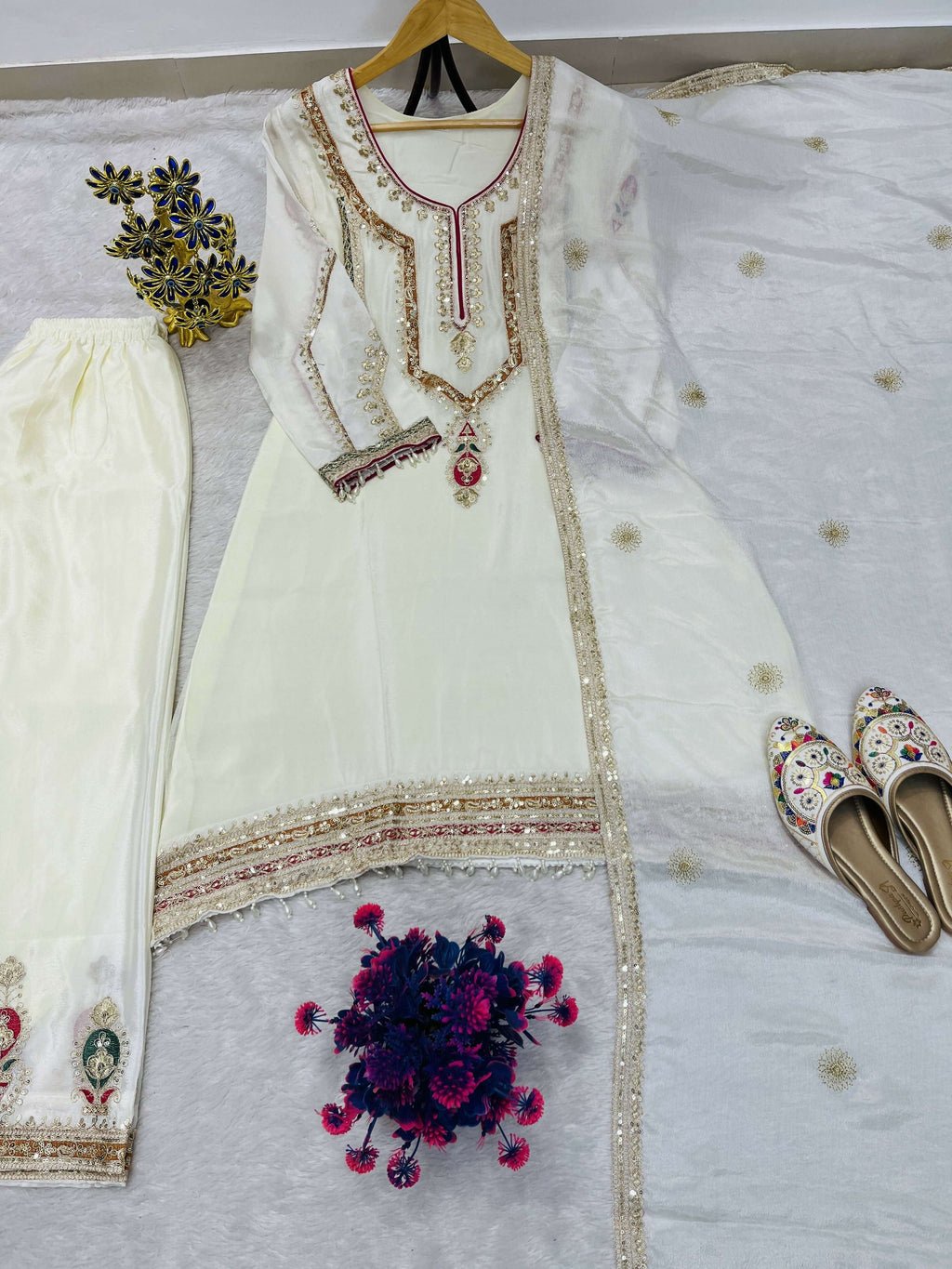 Teeya Creation Cream Color Chinon Silk Party Wear Trending Palazzo Set | Grocsy