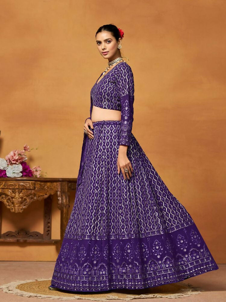 Purple Thread Sequence Embroidered Georgette Lehenga Choli - Jihu Culture | Grocsy