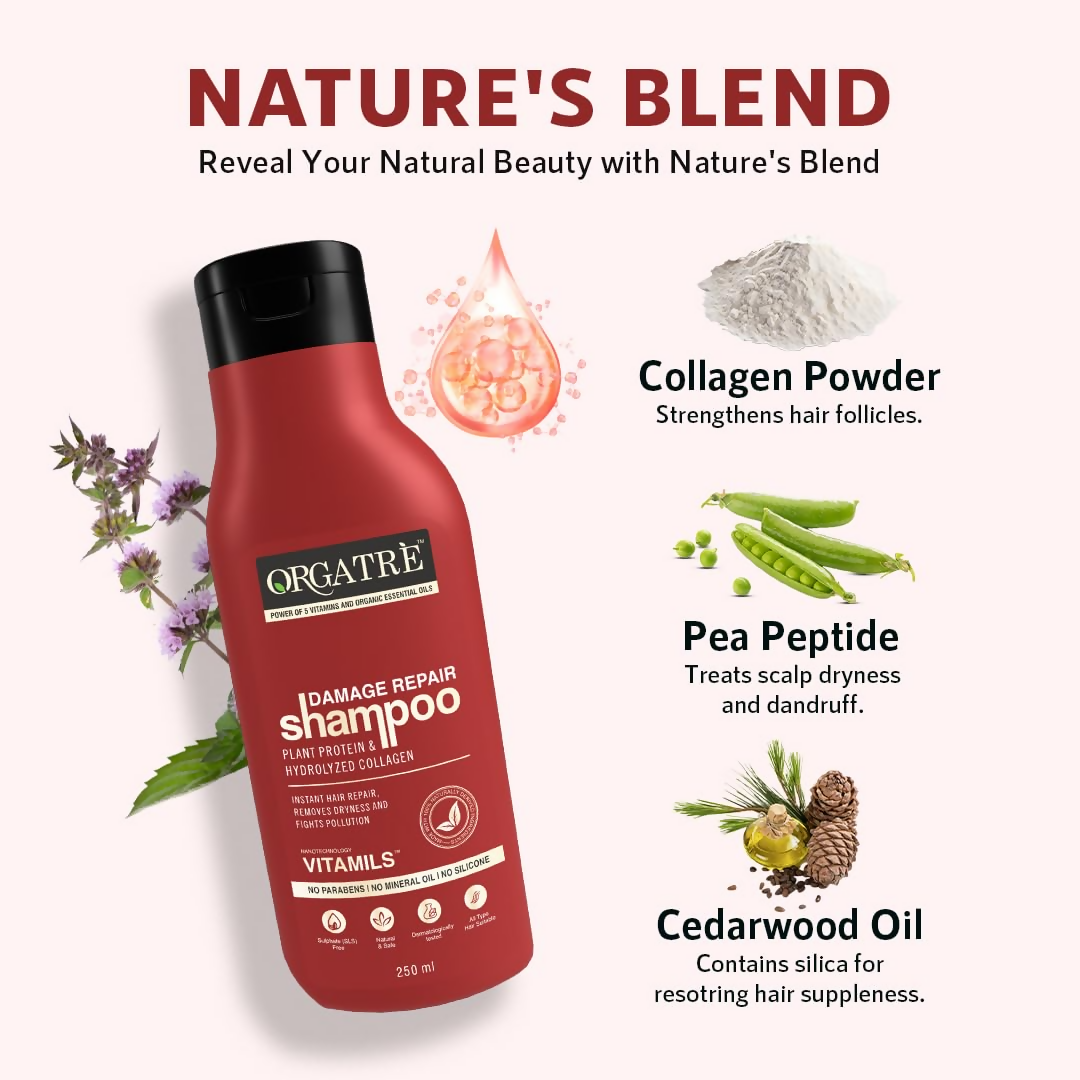 Orgatre Damage Repair Shampoo For Women & Men For Rough Dull & Damaged Hair With Protein & Hydrolyzed Collagen | Grocsy