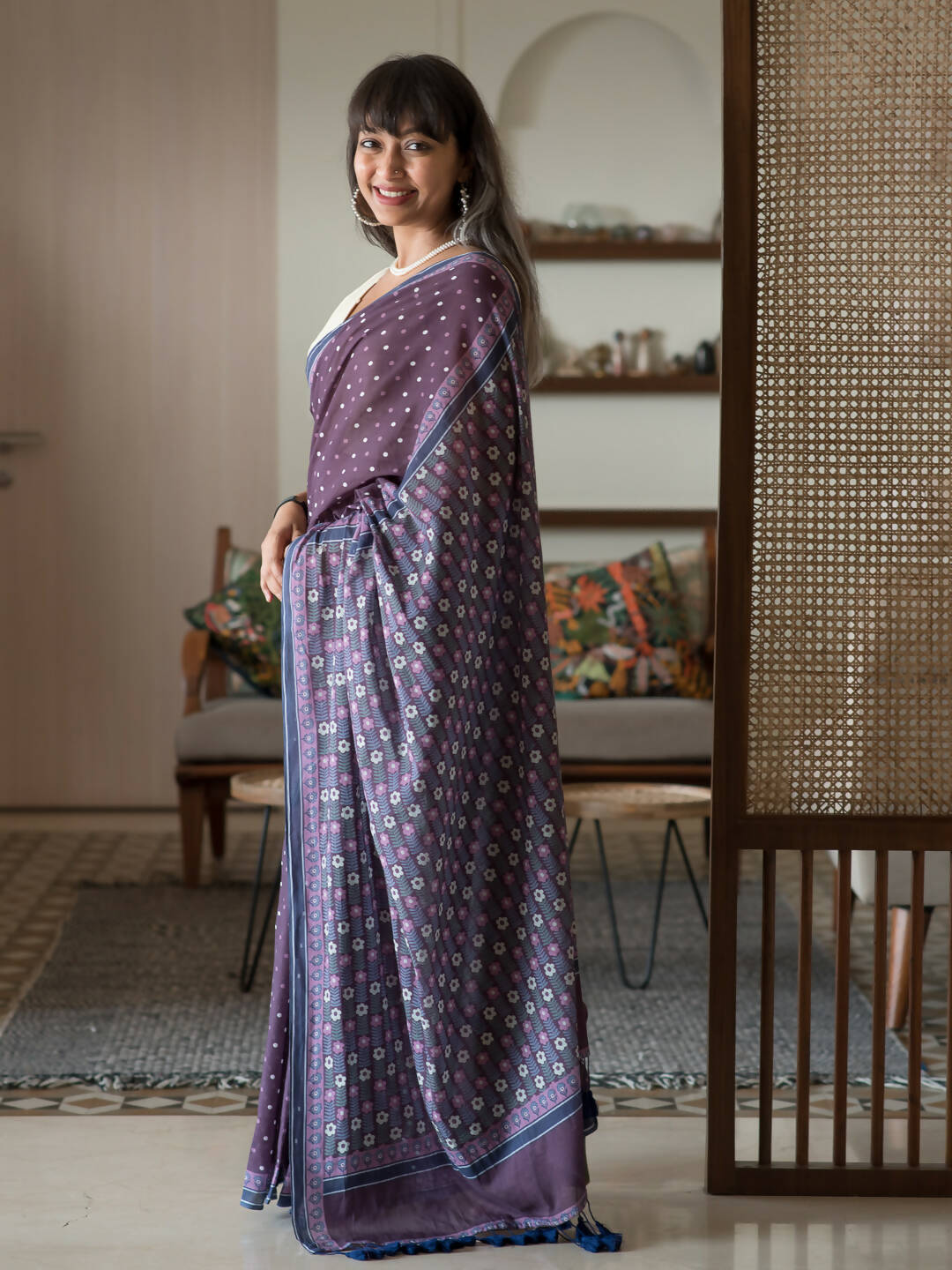 Suta Purple Polka Dots Pure Cotton Saree | Grocsy