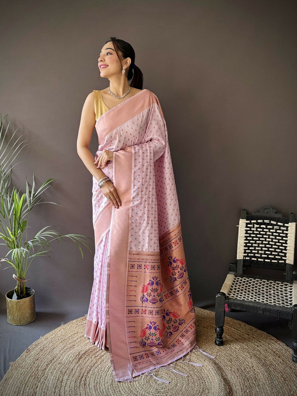 Joban Fashion Lavender Jacquard Butti Soft Lichi Silk Paithani Saree | Grocsy