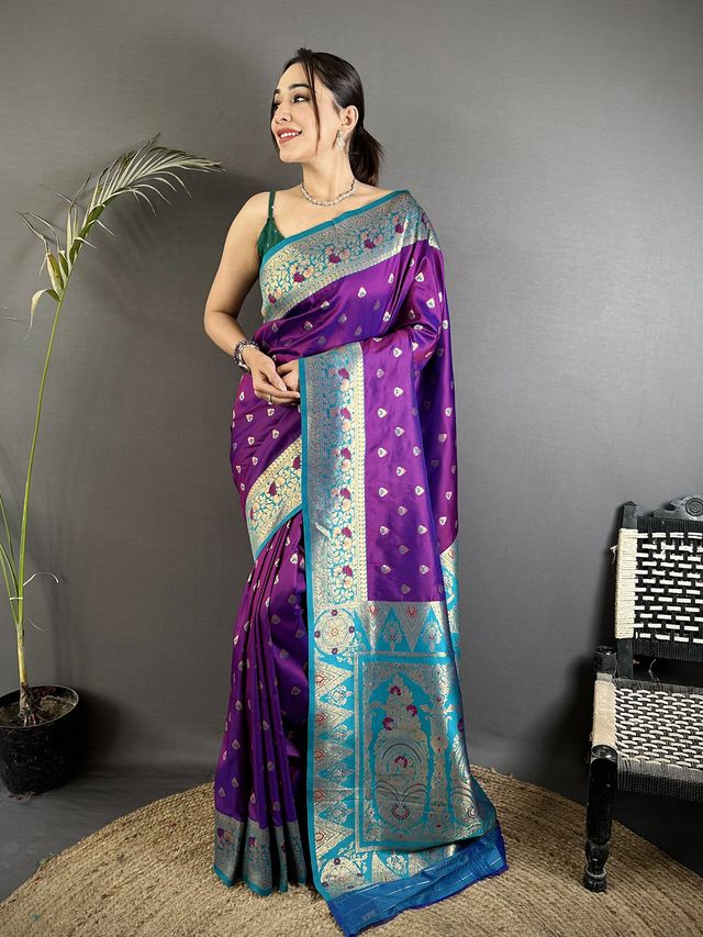 Elora Purple Soft Silk Intricate Motifs Zari Weaving Banarasi Saree With Contrast Weaving Border | Grocsy
