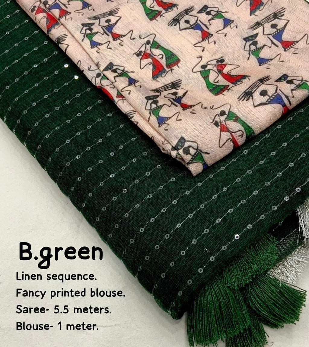 Green Linen Sequence Saree with Unstitched Blouse - Hiral Fashion | Grocsy