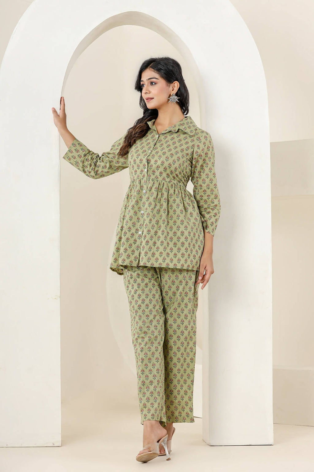 Kaajh Women's Green Printed Cotton Co-ord Set | Grocsy