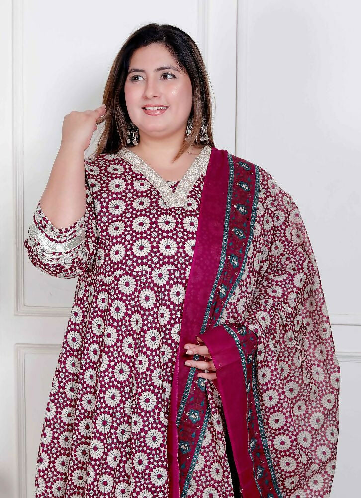 Miravan Plus Size Women'S Cream Embroidered Cotton Anarkali Kurta And Dupatta | Grocsy