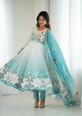 Teeya Creation Aquablue Color Soft organza Silk Digital Print Party Wear Gown | Grocsy