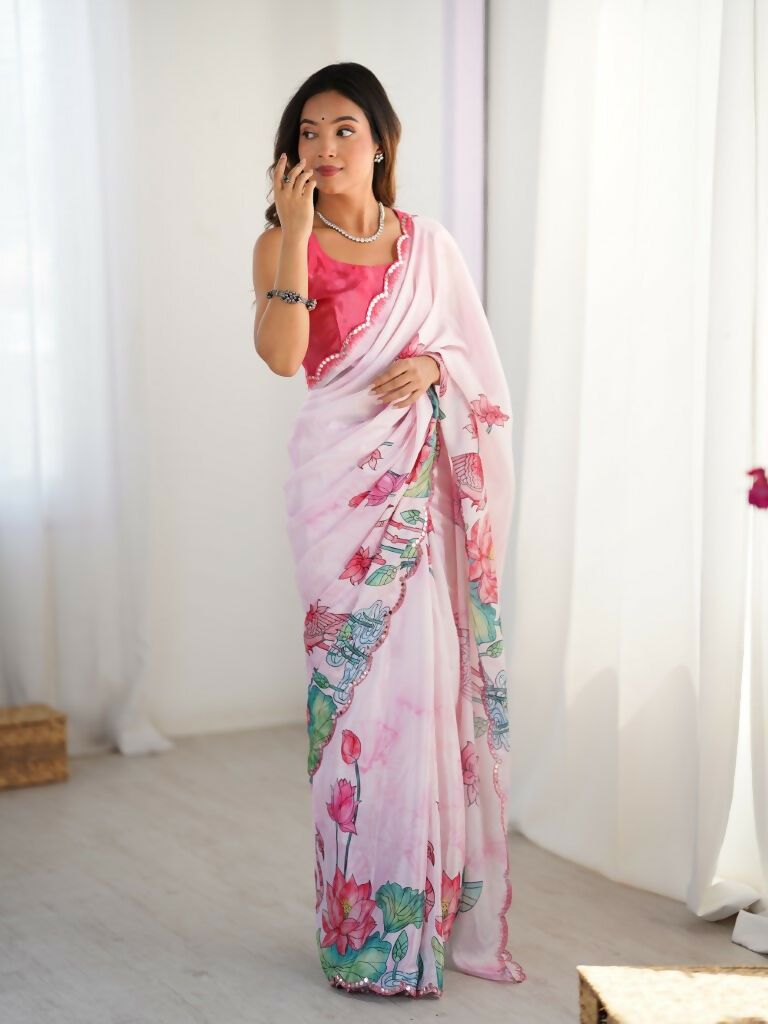 Off White Chinon Designer Digital Printed,Mirror Cut Work Saree - Manvika | Grocsy