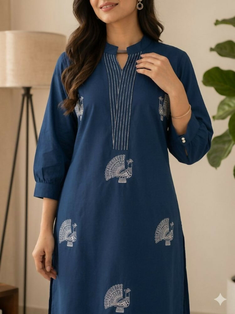 Teeya Creation Women Blue Cotton Printed Kurta with Trousers Co-ord Set | Grocsy