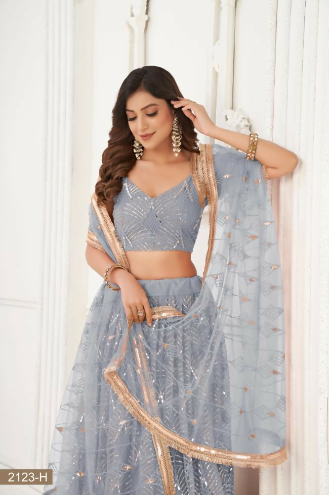 Aastha Fashion Light Gray Butterfly Net Tone To Tone Thread Work, Sequence Work And Original Mirror Work Embroidery Wedding Wear Lehenga Choli | Grocsy
