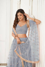 Aastha Fashion Light Gray Butterfly Net Tone To Tone Thread Work, Sequence Work And Original Mirror Work Embroidery Wedding Wear Lehenga Choli | Grocsy