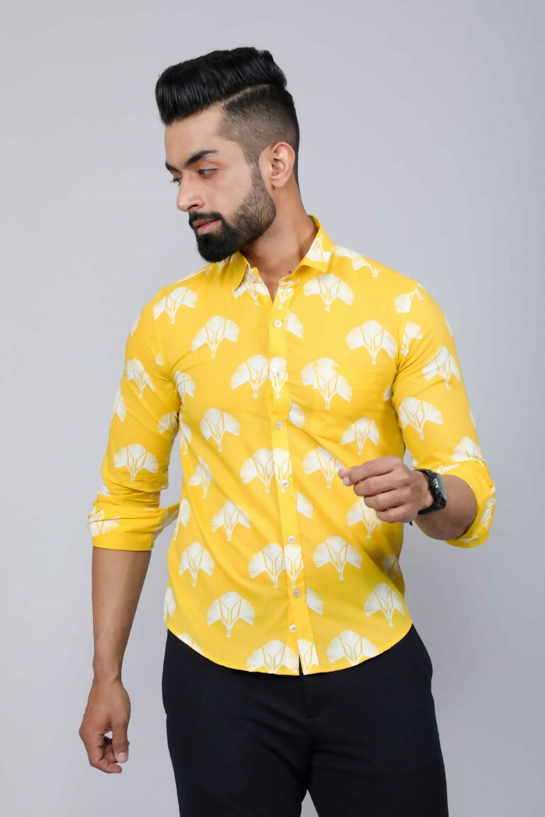 Miravan Men's Yellow and White Floral Printed Full Sleeves Cotton Casual Shirt | Grocsy