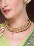 NVR Women's Gold-Polished Green Stone Studded Handcrafted Temple Jewellery Set | Grocsy