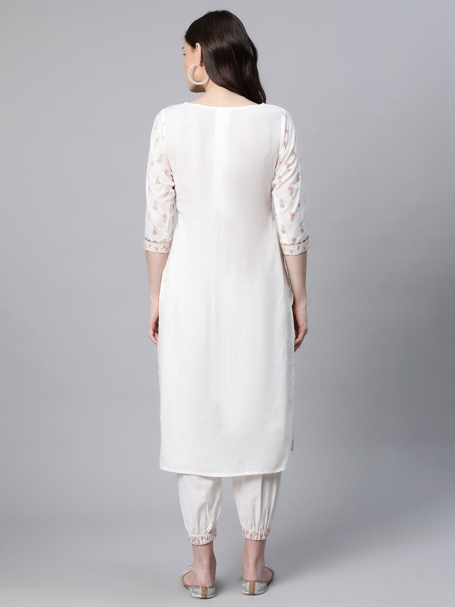 Ahalyaa Women Offwhite Pure Cotton Printed Floral Kurta With Trousers | Grocsy