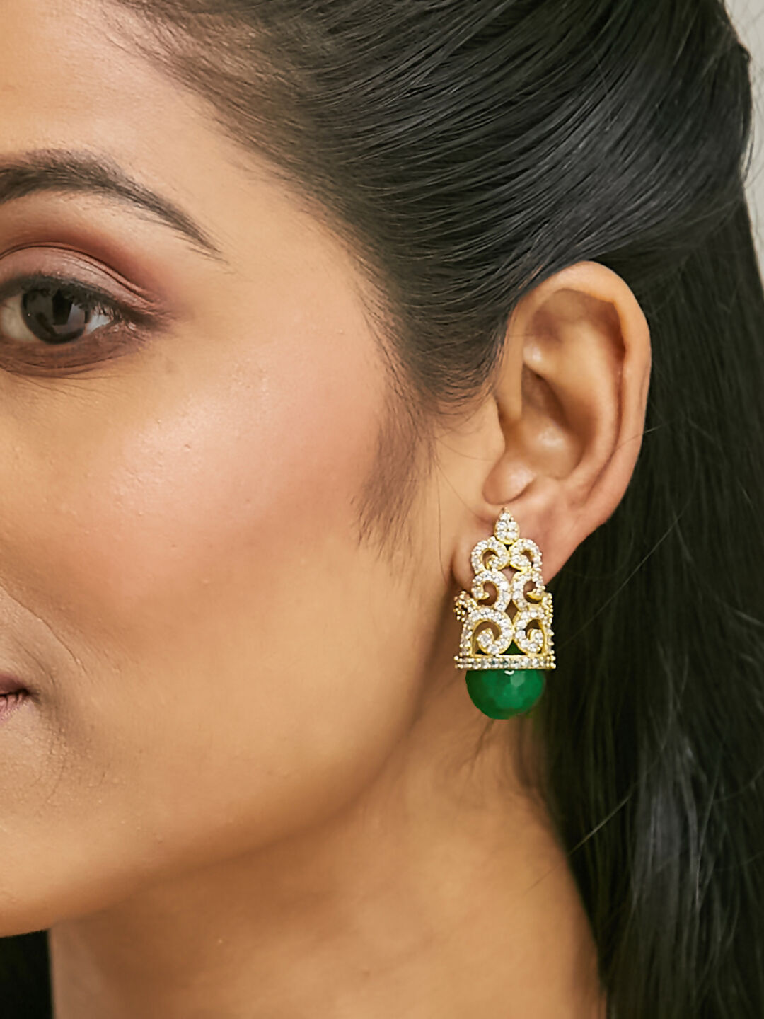 Nuyug 22K Gold-Plated Green Gemstone & Zircon Studded Contemporary Filigree Motif Studs | Grocsy