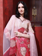 Hand & Pacement Floral Embroidered Kurta With Pant & Embroidered Dupatta, Pink - Hiral Fashion | Grocsy
